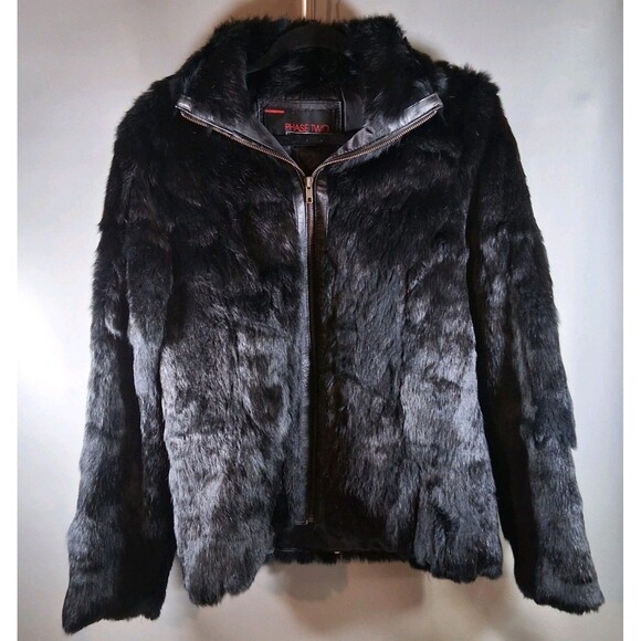 Jackets & Blazers - Vtg Phase Two Black Fur Jacket Leather Trim Sz M Mob Wife Coat 90s Goth Y2K Lux